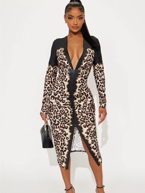 Fashion Nova Black and Leopard Ruched Plunge Midi Dress
